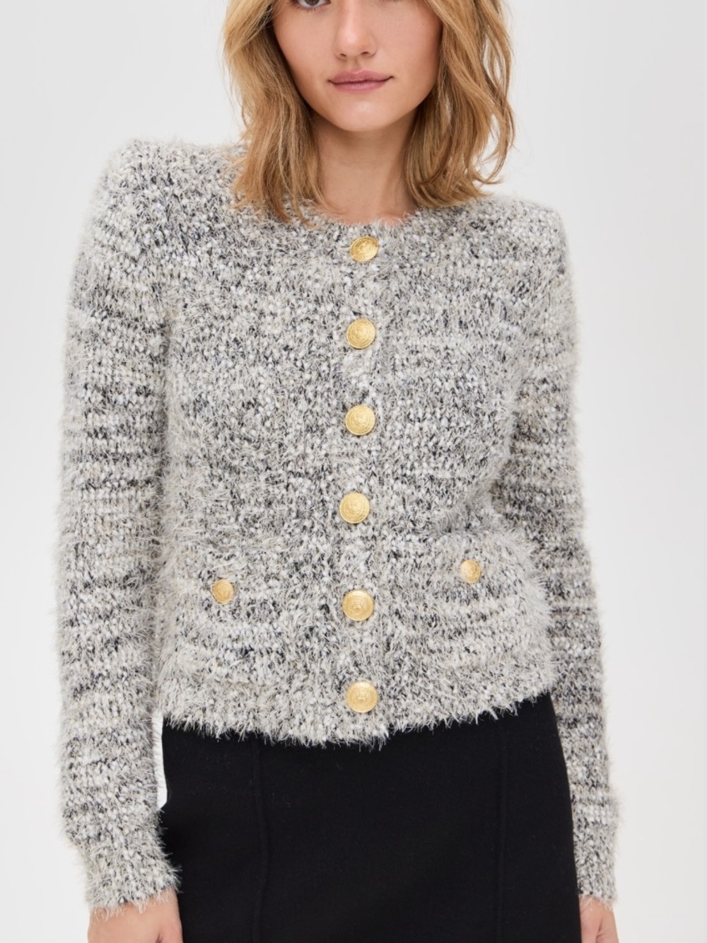 L'AGENCE Gray and Cream Fuzzy Knit Cardigan with Gold Buttons